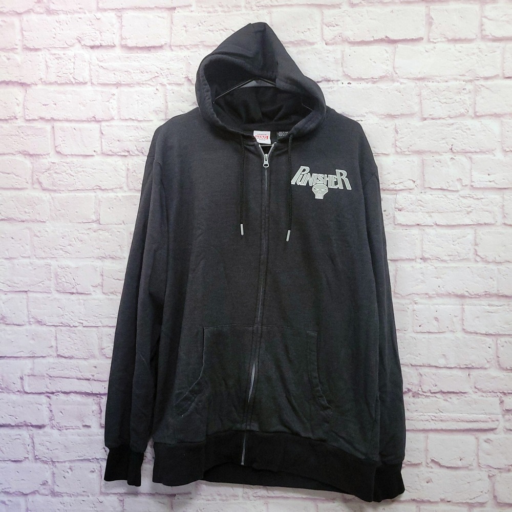Marvel Punisher Zip Hoodie Jacket Men L Black Camo Skull Graphic Y2K Streetwear